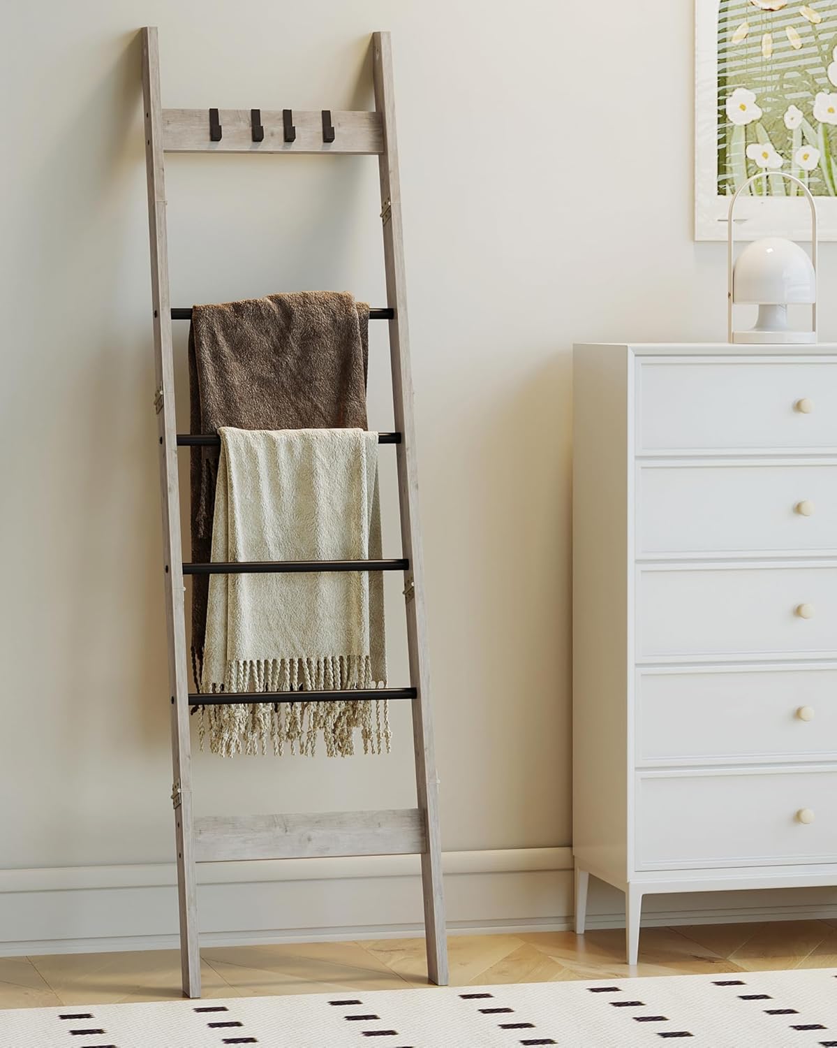 Blanket Ladder for Living Room, Decorative Quilt Rack with 4 Removable Hooks, 6-Tier Farmhouse Ladder Holder Shelf Organizer for Bedroom, Greige and Black BR31505B