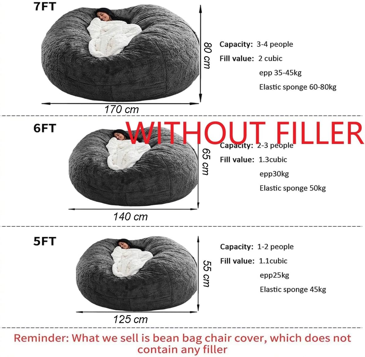 Bean Bag Chair for Adults Kids Without Filler Fluffy Comfy Giant Round Beanbag Sofa Chair Cover for Stuffed Animal Storage Living Room, 5FT, Dark Grey