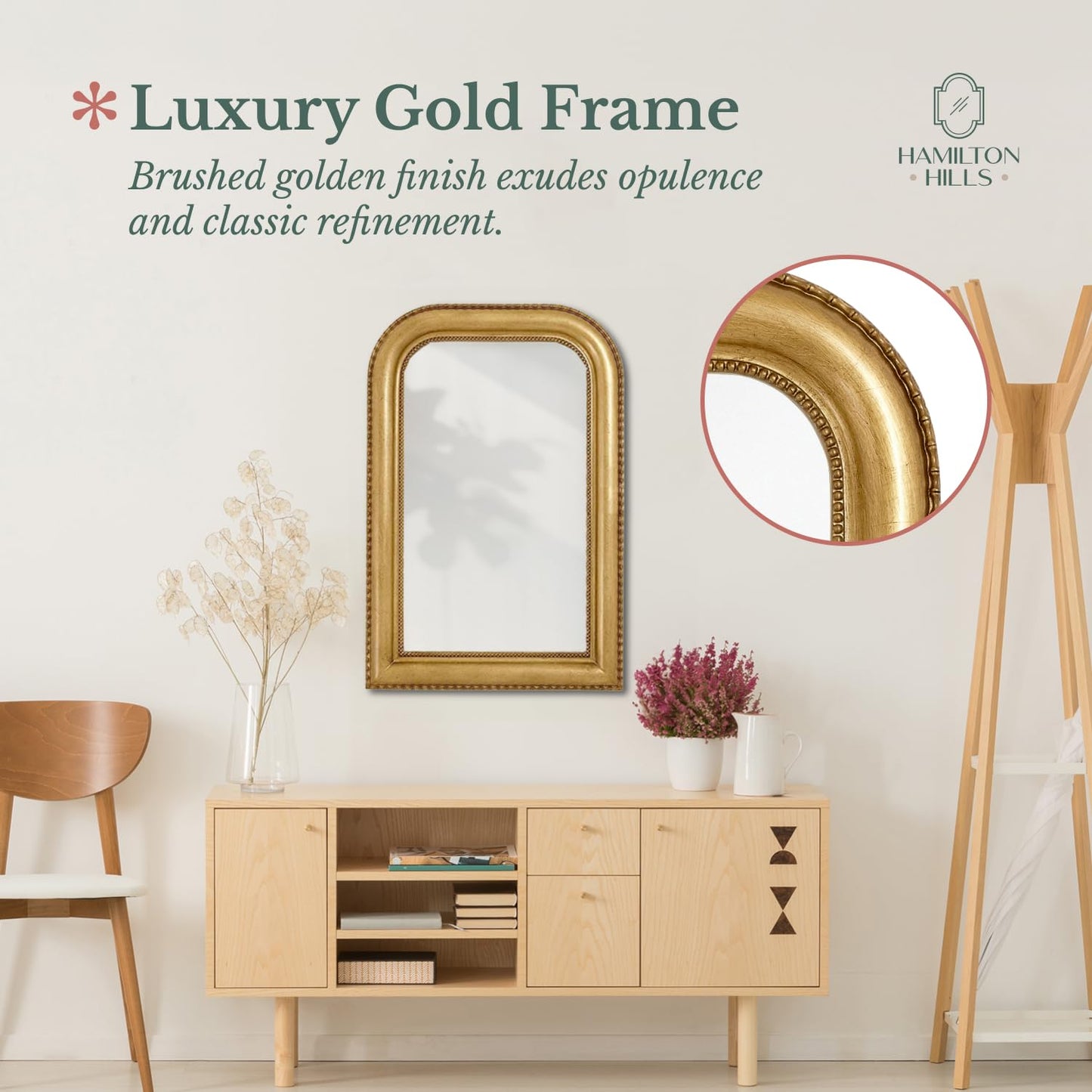 Hamilton Hills 36" x 24" Classic Gold Framed Polished Glass Top Round Corner Mirror - Thick Arched Top Rich Wall Mirror - Vanity for Bathroom Decor, Bedroom, Living Room - Hangs Horizontal or Vertical