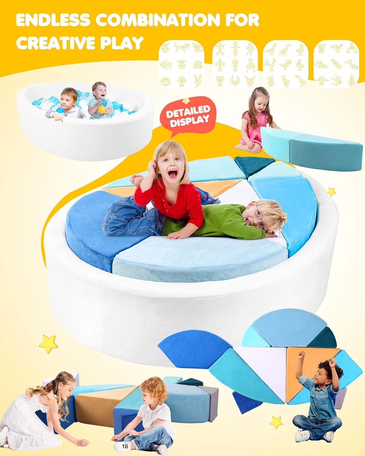 Kids Play Couch, 2-in-1 Egg-Shape Kid Plays Sofa with Unique Ball Pit(no Balls Included), Tangram Puzzle Play Couch for Playroom, Modular Play Couchs for Inspiring Creativity, Ocean