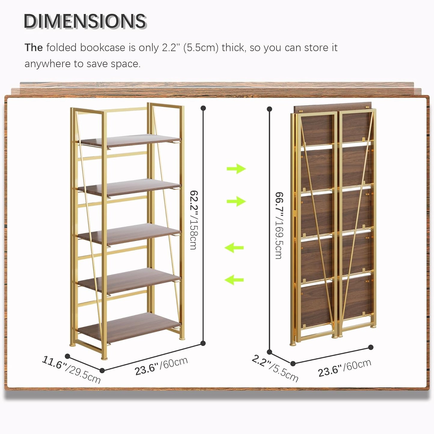 4NM No Assembly Folding Bookshelf, 5-Shelf 62.2" H Collapsible Foldable Bookcase Storage for Small Spaces, Brown and Golden
