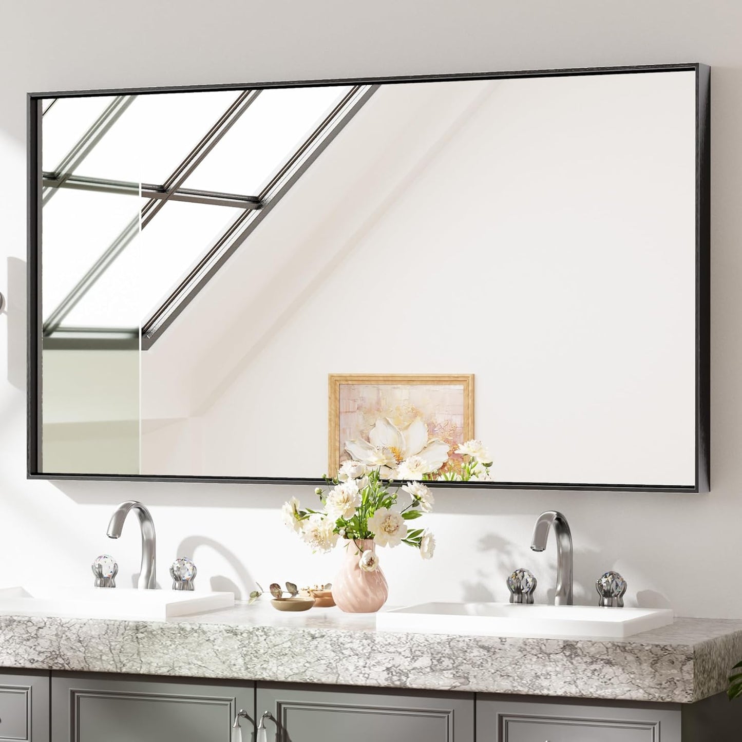 Keonjinn Black Framed Bathoom Mirror 55 x 30 Inch Large Rectangle Vanity Wall Mirror for Over Sink Metal Frame Rectangular Bathroom Mirror Brushed Black Modern Farmhouse Mirror(Horizontal/Vertical)