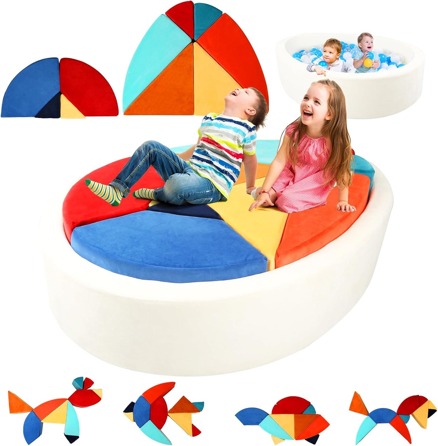 Kids Play Couch, 2-in-1 Egg-Shape Kid Plays Sofa with Unique Ball Pit(no Balls Included), Tangram Puzzle Play Couch for Playroom, Modular Play Couchs for Inspiring Creativity, Samba