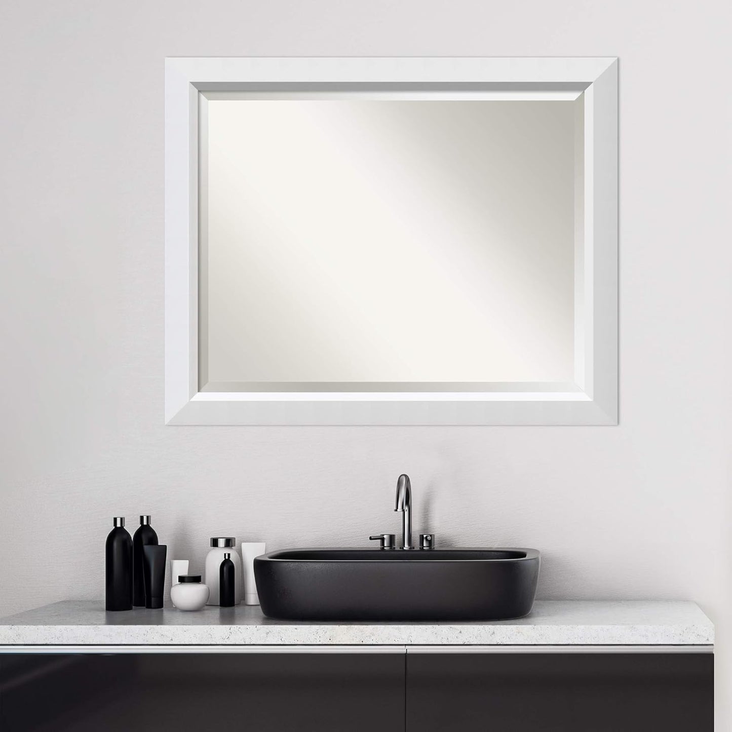 Amanti Art White Bathroom Mirror for Over Sink, 26x32 Blanco White Rectangle Vanity Mirror, Large Modern Contemporary Wood Frame, Hangs Horizonally and Vertically, Bathroom Wall Decor, Beveled Edge