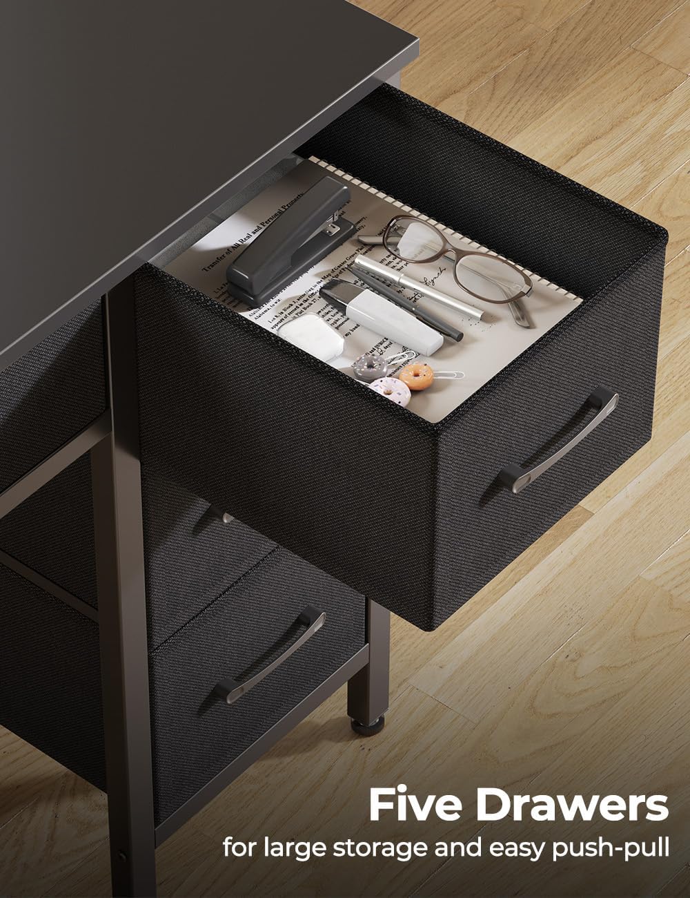 Seventable Computer Desk with Power Outlets & LED Light, 39 inch Home Office Desk with 5 Drawers, Writing Desk with Monitor Stand,Work Desk for Home Office, Black