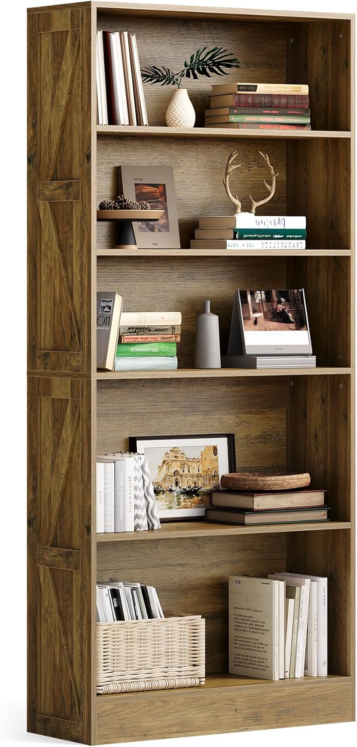 LITTLE TREE 5-Tier Tall Bookcase, 70.8" Farmhouse Wooden Open Bookshelf, Standing Display Shelves for Living Room, Bedroom, Home Office, Rustic Brown