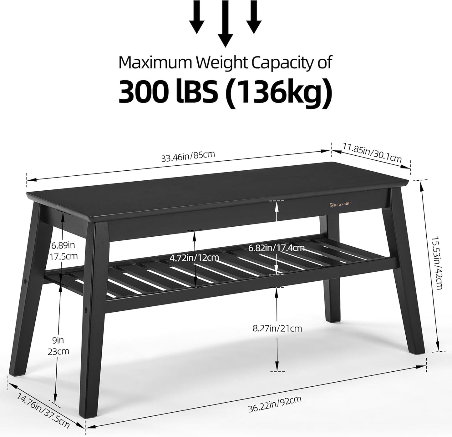 Nnewvante Bamboo Entryway Bench, 33.46" End of Bed Bench, 2 Tier Black Bench for Bedroom, Indoor Bench for Living Room, Dining Room, Hallway, Holds up to 300lbs
