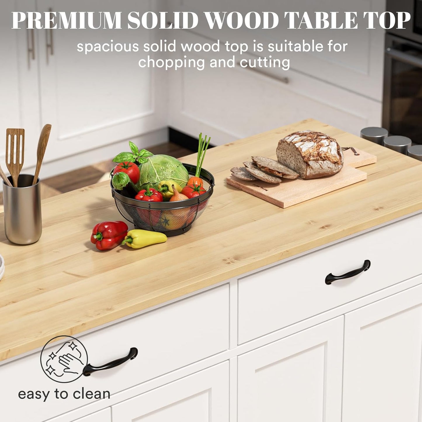 Rovibek Kitchen Island on Wheels Large in Rolling Island Wood Mobile Portable Kitchen Islands White with Drawers Cabinet Spice Rack Towel Rack Storage Pure White