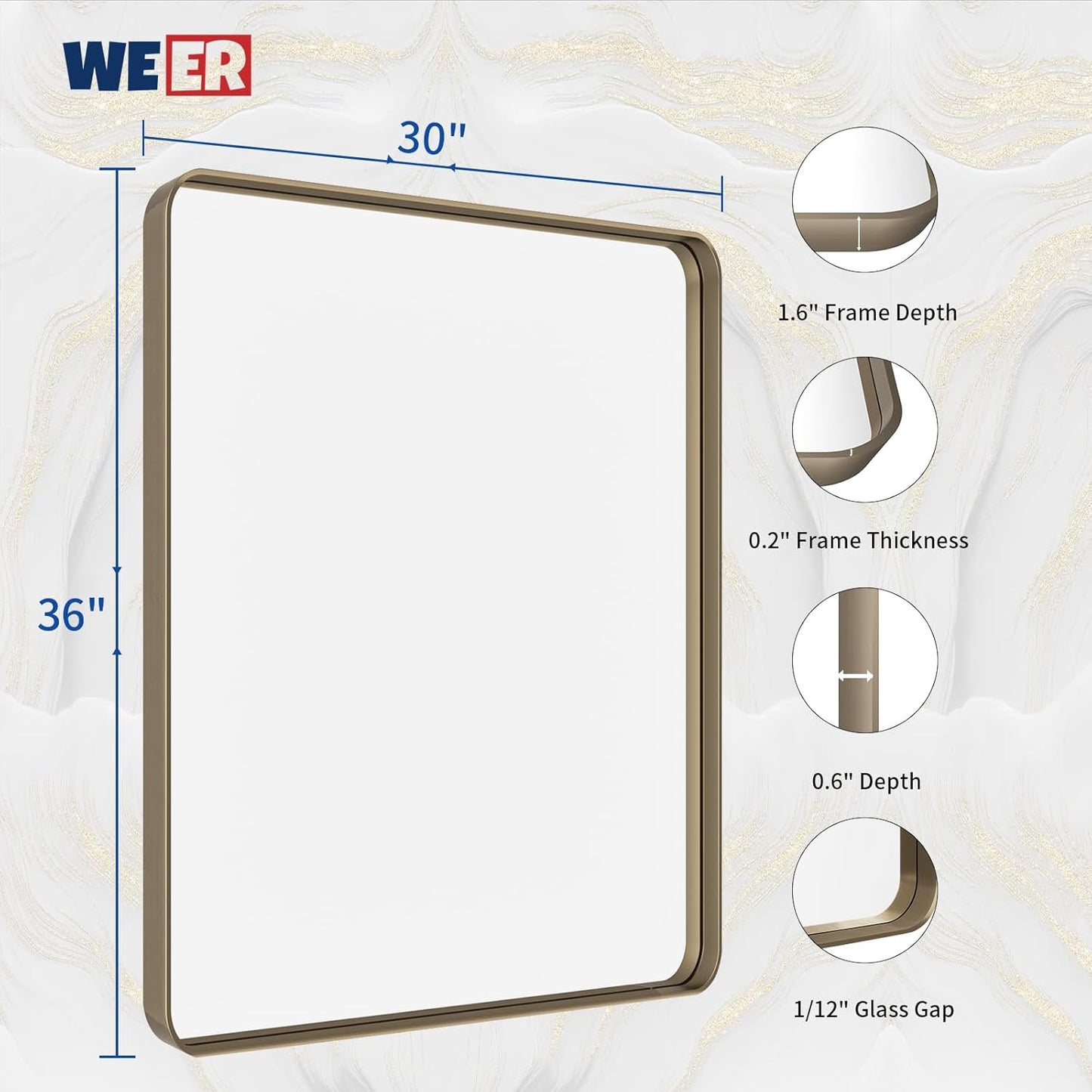WEER 36x30 Inch Bronze Bathroom Mirror for Vanity, Brushed Bronze Metal Frame Mirror for Wall, Rounded Rectangle Bronze Frame Mirror with Tempered Glass, Anti-Rust (Horizontal/Vertical)