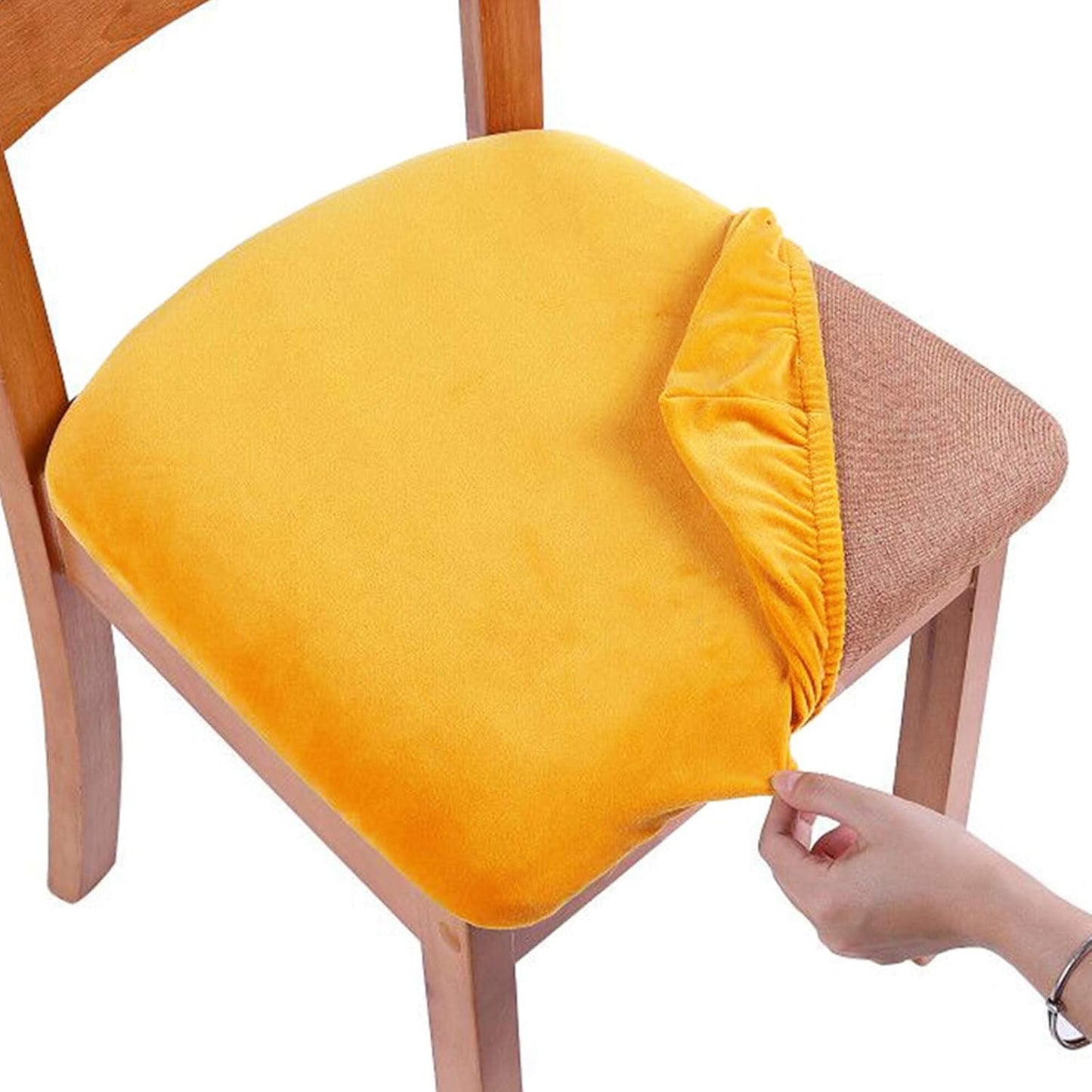 Smiry Velvet Seat Covers for Dining Room Chair Set of 6, Stretch Fit Removable Washable Chair Seat Cushion Protector Slipcovers with Ties, Mustard Yellow