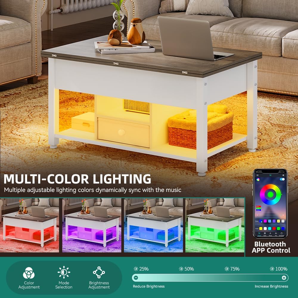 YITAHOME 4-in-1 Lift Top Coffee Table with RGB Light & Dual Tops, Multi-Function Table with Power Outlets, Storage, Converts to Dining Table Computer Desk Gaming Hub, Living Room, Home Office, White