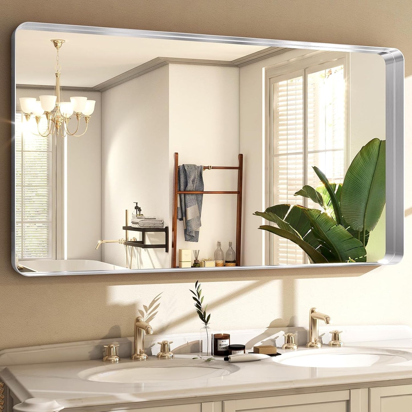 48 x 30 Inch Silver Bathroom Mirror, Rectangular Wall Mounted Shatterproof Mirror, Aluminum Alloy Frame with Rounded Corners, Horizontal or Vertical for Farmhouse Decor