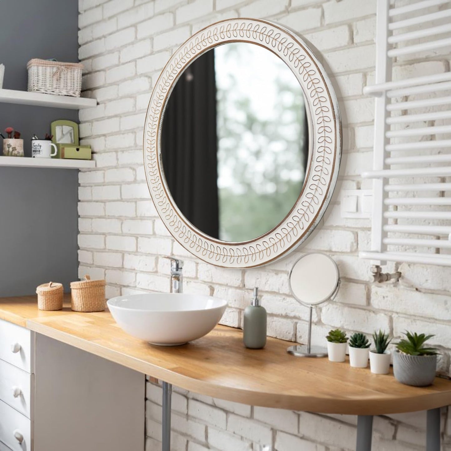 24 inch Round Rustic Wooden Mirrors, Distressed Circle Mirror for Bathroom, Bedroom, Living Room, Entryway, Fireplace, Hall