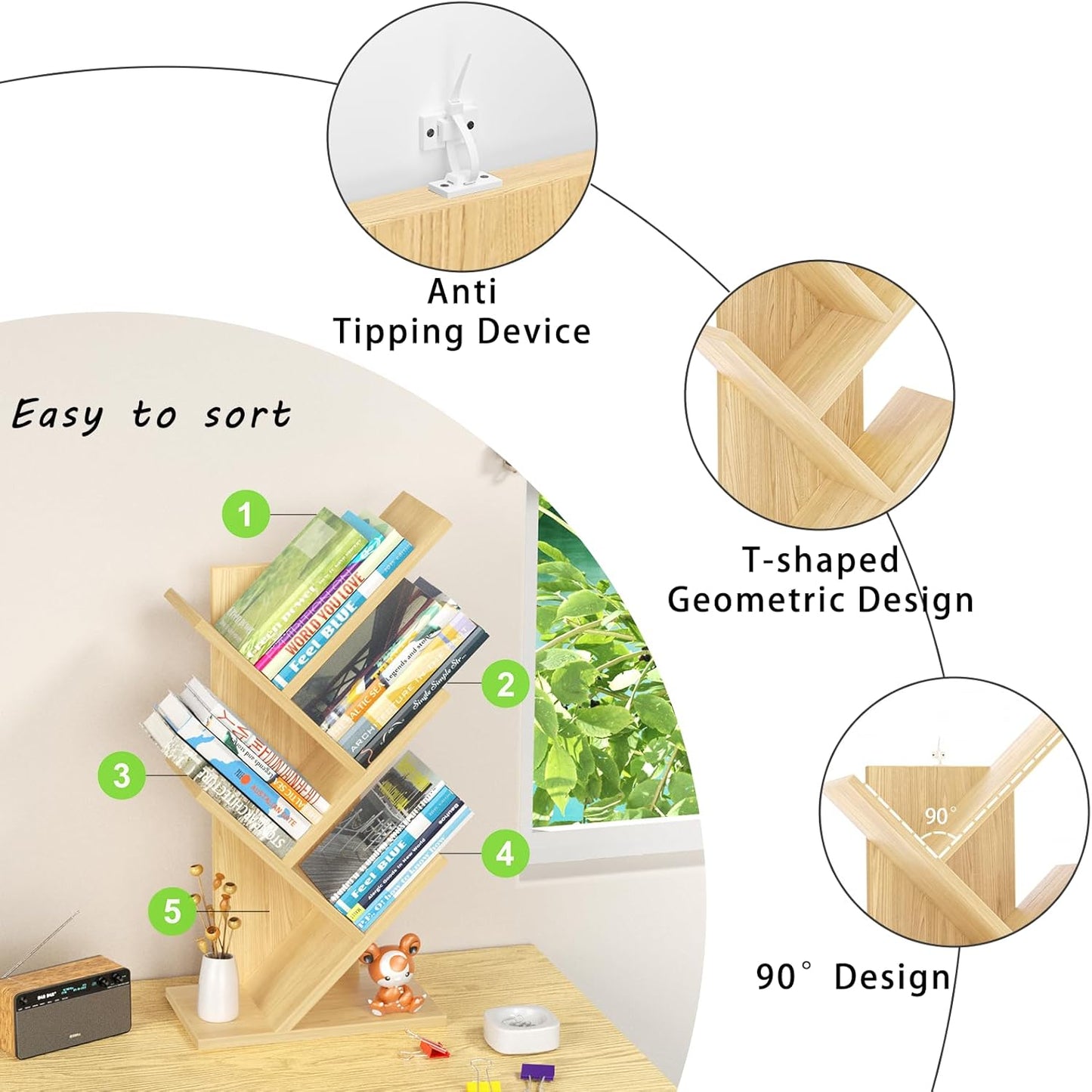 5 Tier Tree Book Shelf, Small Desktop Bookshelf with Storage Organizer, Wood Bookcase, Desk Display Bookshelves, Floor Standing Organizer Bookcases for Living Room,Bedroom,Office-Natural