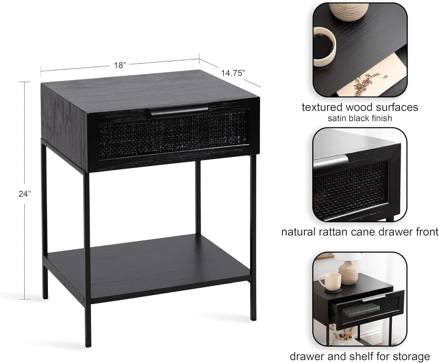 Kate and Laurel Ori Modern Cane Rectangle Side Table, 18 x 15 x 24, Black, Versatile Rattan Living Room End Table with Drawer for Storage and Home Decor