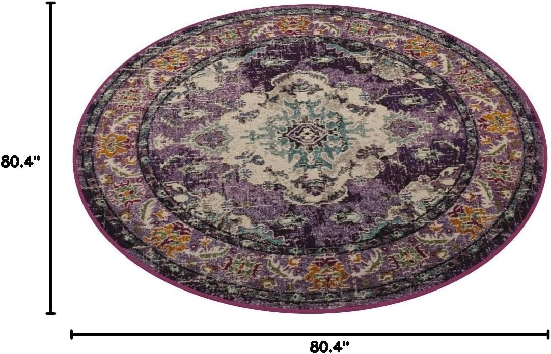 SAFAVIEH Monaco Collection Area Rug - 6'7" Round, Violet & Light Blue, Boho Chic Medallion Distressed Design, Non-Shedding & Easy Care, Ideal for High Traffic Areas in Living Room, Bedroom (MNC243L)
