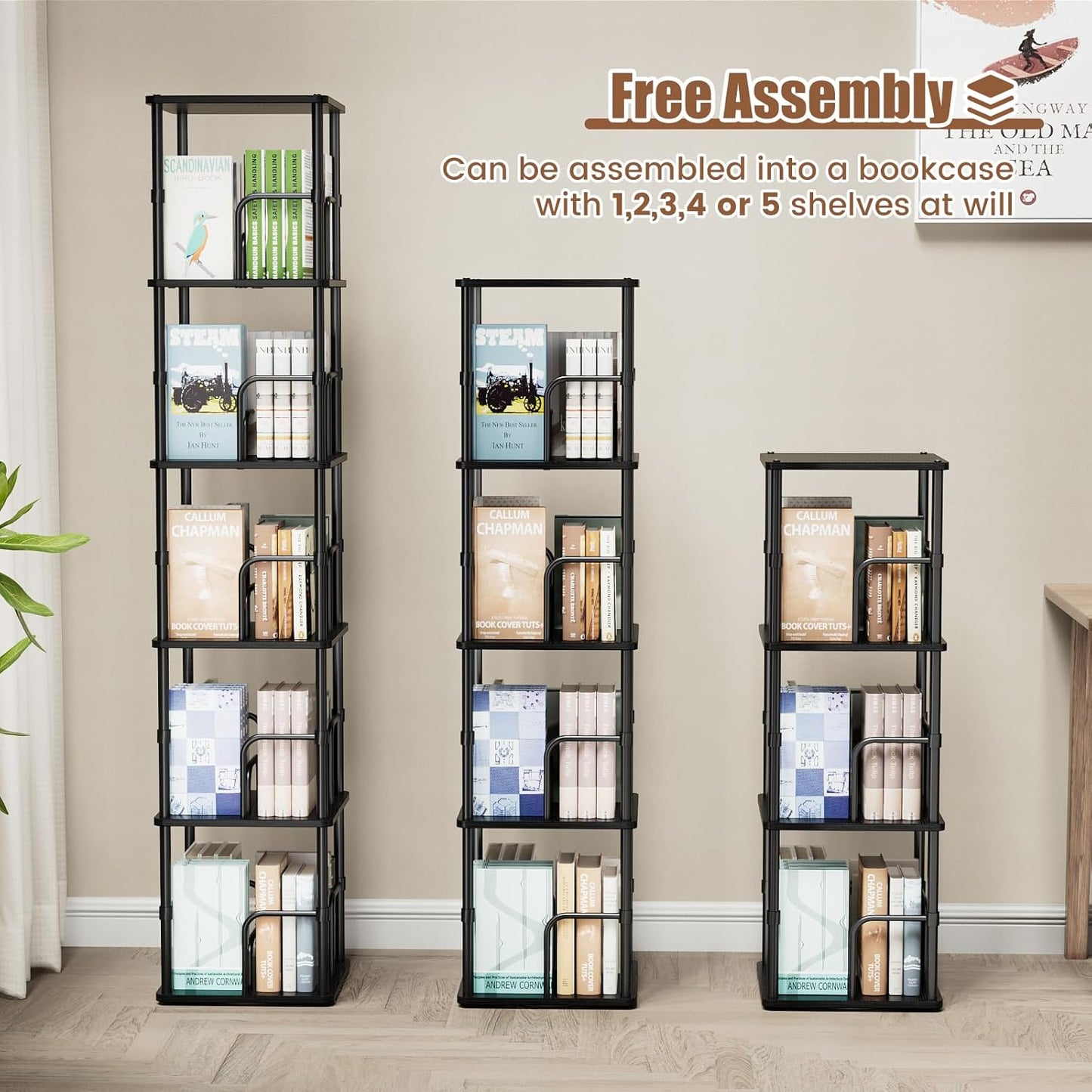 5 Tier Square Rotating Bookshelf, 360 ° Display Stackable Spinning Bookshelf Tower, Space Saving Tall Floor Standing Swivel Bookcase Corner Storage Organizer for Living Room, Black, Small Size