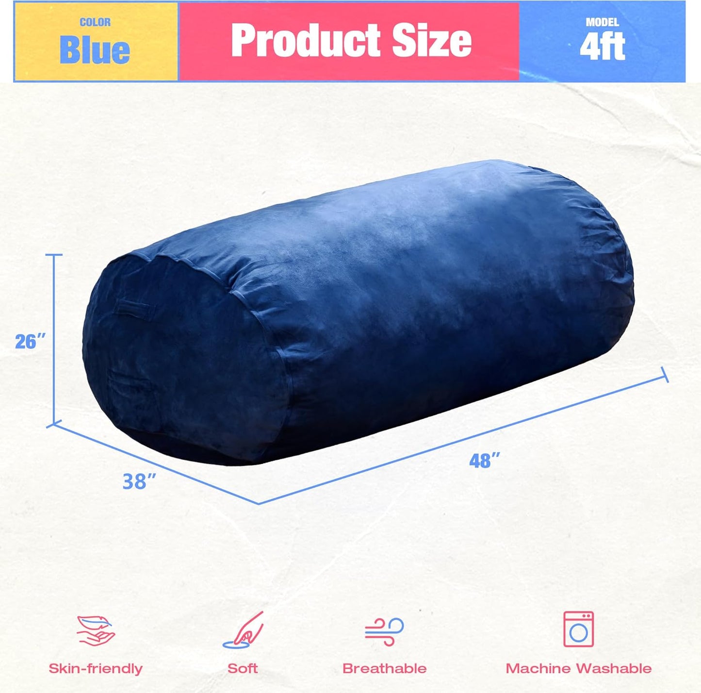 Hobestluk 4FT Bean Bag Chair Large Beanbag with Removable Cover Adult Bean Bag Chair with Portable Handle Desgin for Living Room Bedroom (Blue, 4FT)