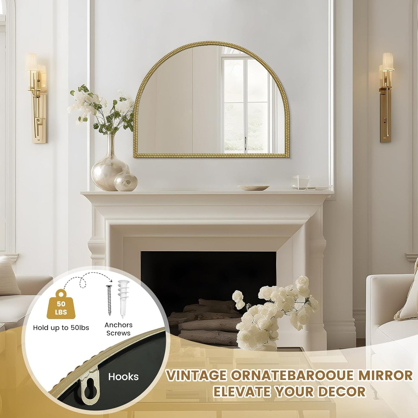 WallBeyond Gold Vintage Mirror for Vanity 32x24 Inch, Gold Antique Mirror with Ornate Beaded Frame for Bathroom, Living Room, Fireplace, Entryway