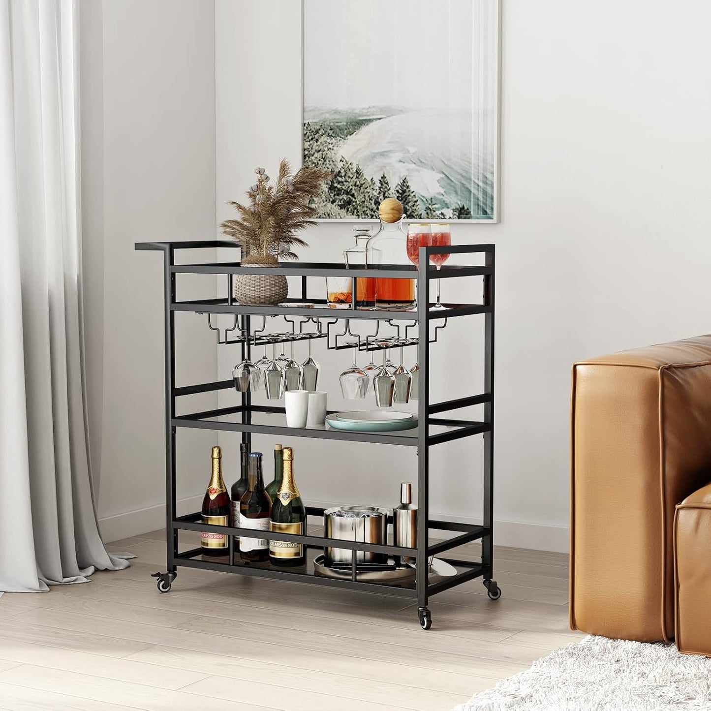 Black Metal Bar Carts with 3 Tier Glass Shelves, Rolling Serving Bar Cart with Wine Rack and Glass Holder, Industrial Bar Carts & Wine Carts on Wheels for Kitchen, Indoor & Outdoor