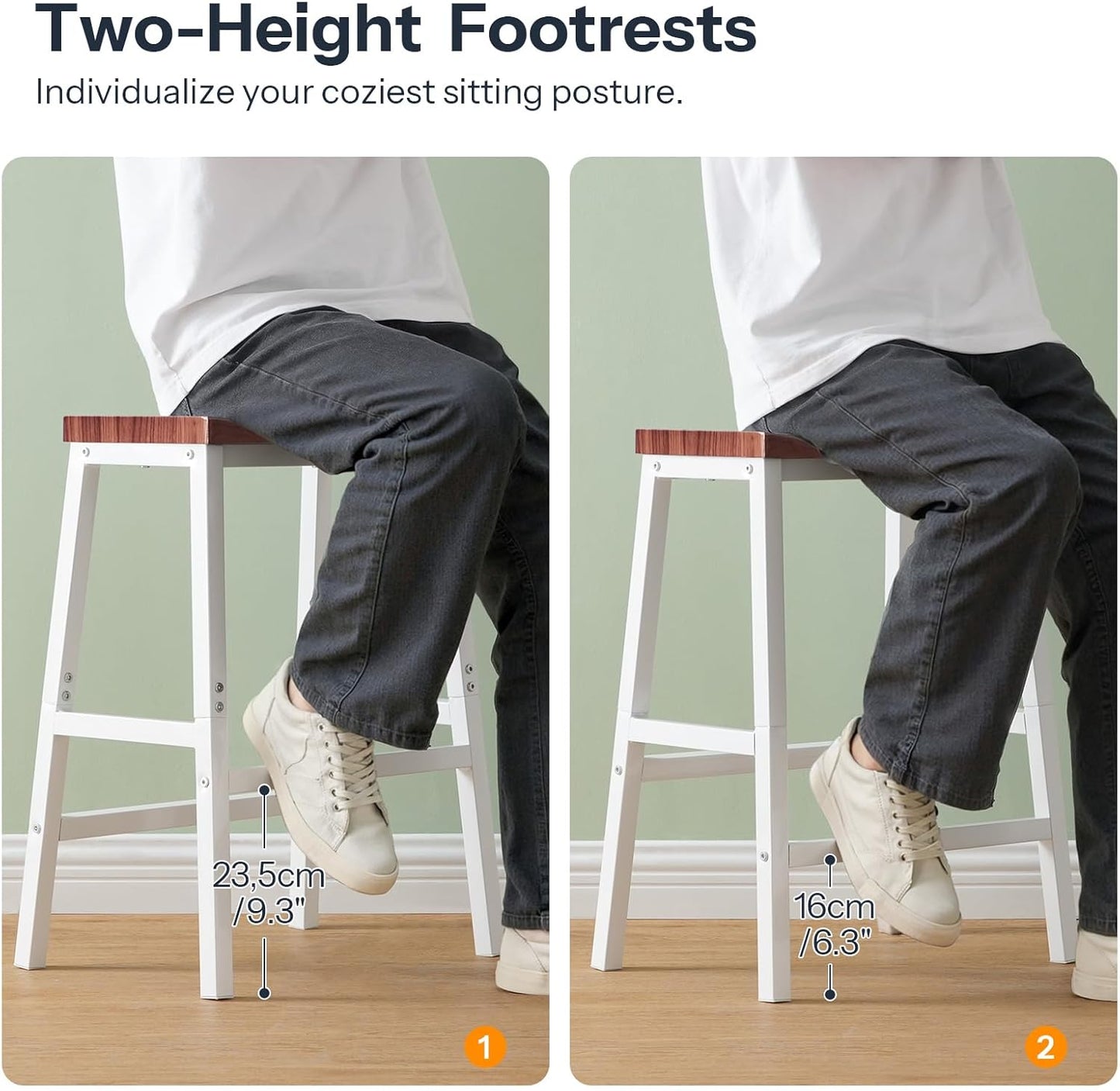 HOOBRO Bar Stools, Set of 2 Bar Chairs, 23.6 Inch Saddle Stools, Kitchen Counter Seat with Footrests, Industrial Barstools for Dining Room, Kitchen, Counter, Bar, Walnut and White HW02MD01