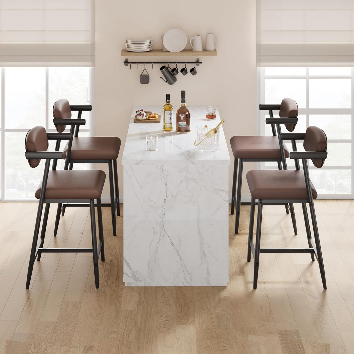 GarveeHome Counter Height Bar Stools of 4 with Armrests, 4 Piece Counter Height Bar Stools Set with Back, Upholstered Seat & Metal Footrest for Kitchen Islands, Counter Bars, Retro Brown