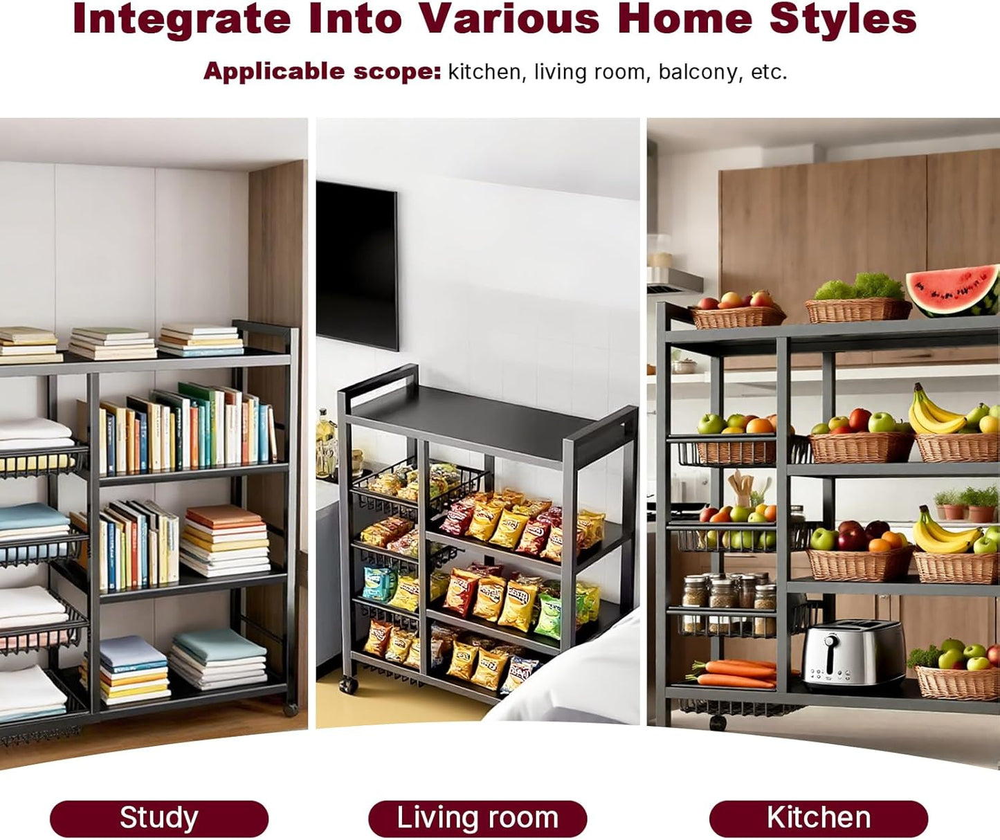 4-Tier Versatile Metal Storage Rack,Vegetable Fruit Basket Kitchen Storage Rolling Cart on Wheels, Kitchen Storage Shelf with 4 Removable Mesh Baskets,Can be Used in Bedrooms,Kitchens,Living Rooms