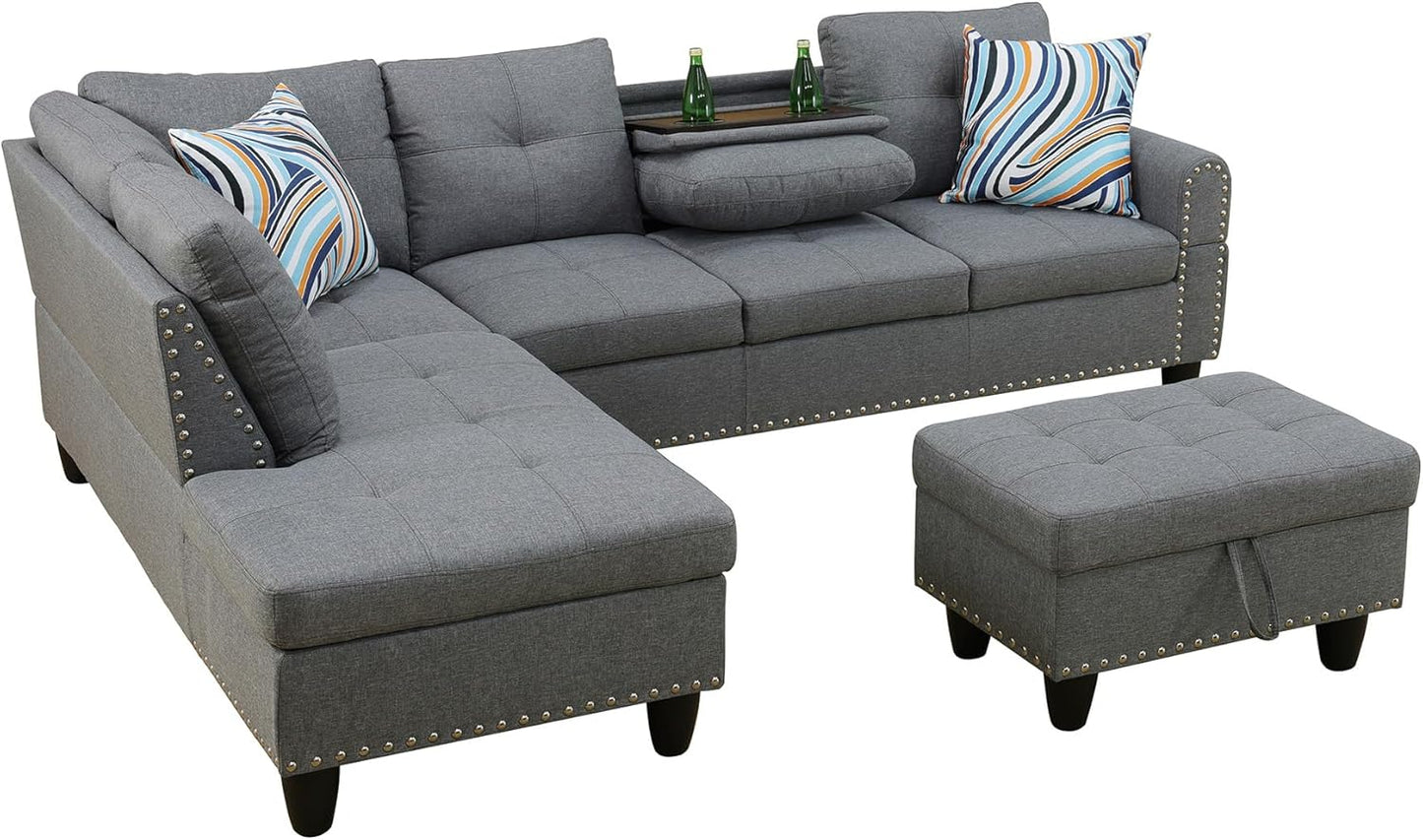 L Shaped Couch Modern Sectional Couch Upholstered Linen Fabric 3 Pieces Sofas for Living Room with Chaise, Storage Ottoman for Office and Small Apartment, Charcoal