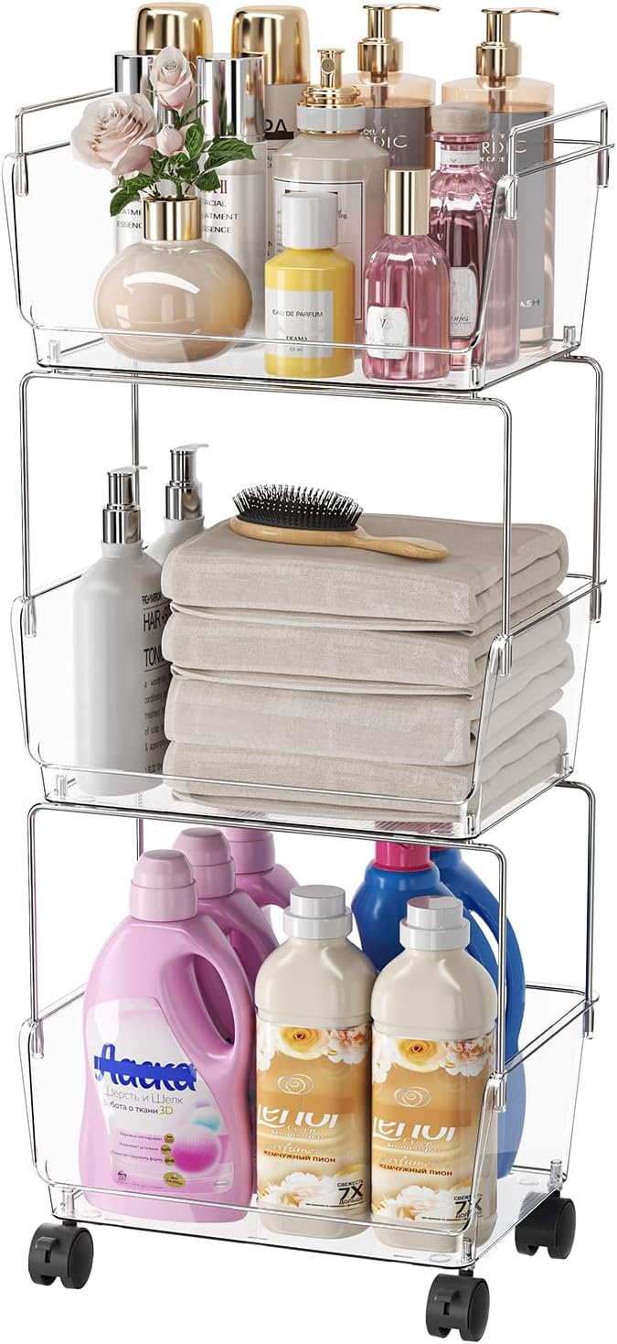 YCIA&DONE 3 Tier Rolling Cart, Storage Shelf Organizer with Lockable Caster Wheels,Transparent Slim Storage Cart for Bathroom, Laundry,Cosmetics