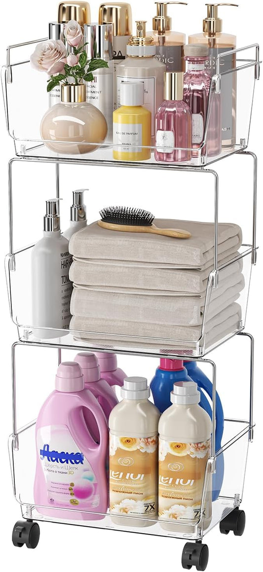 YCIA&DONE 3 Tier Rolling Cart, Storage Shelf Organizer with Lockable Caster Wheels,Transparent Slim Storage Cart for Bathroom, Laundry,Cosmetics