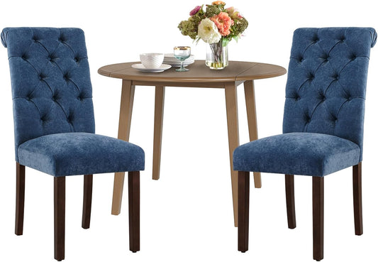COLAMY 3-Piece Extendable Dining Table Set for 2, 36" Kitchen Round Wood Table with 2 Tufted Dining Room Chairs,Light Brown/Blue