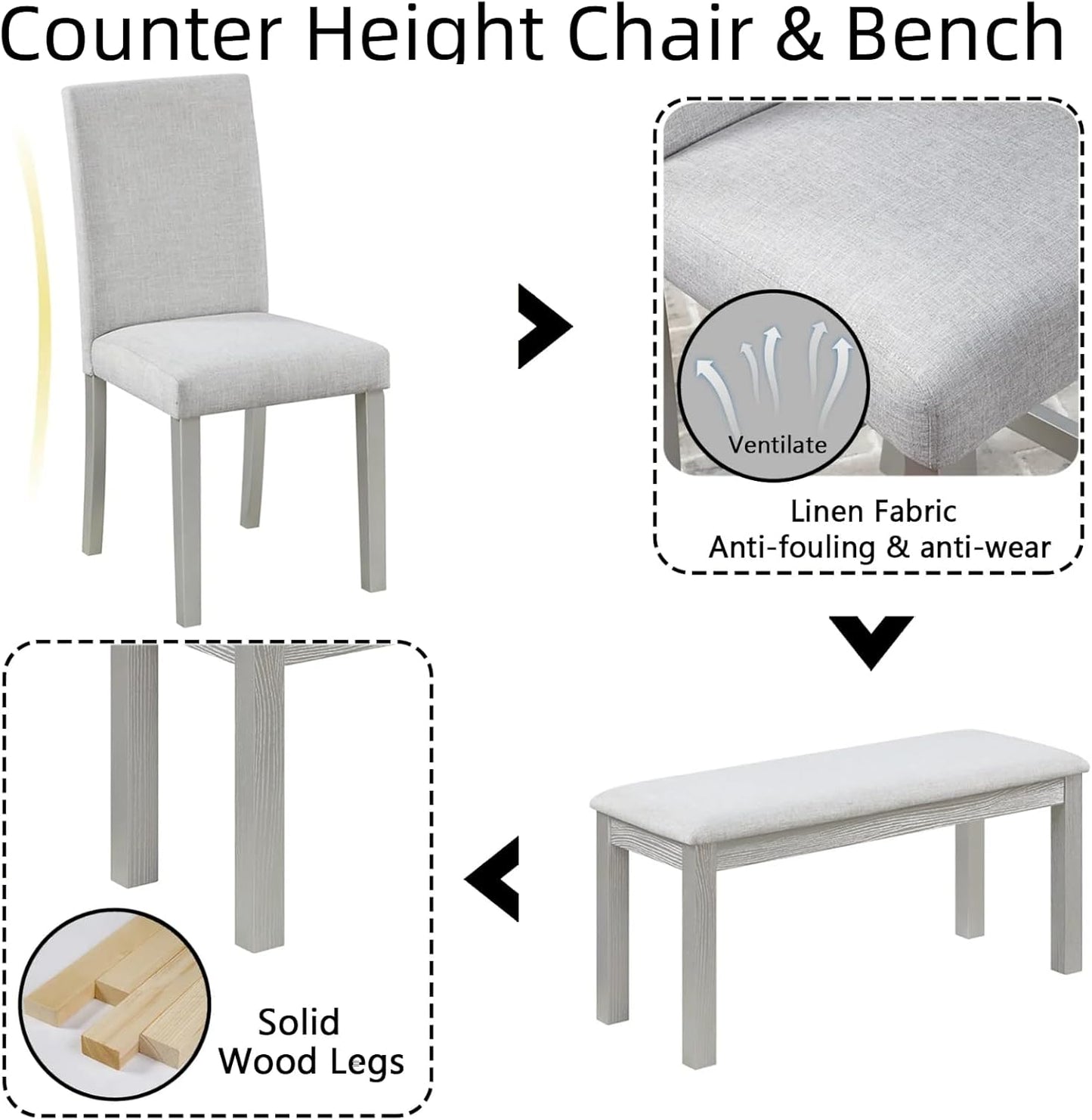 Dining Table Set for 5, 6 Piece Dining Room Table Set with Rectangular Crystal Decoration Table, 4 Upholstered Chairs and Bench, Counter Height Kitchen Sets with MDF Tabletop, Silver Gray