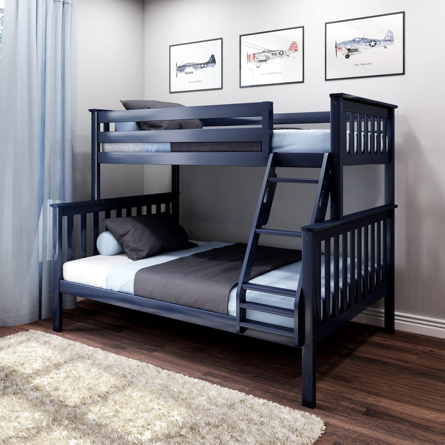 Max & Lily Bunk Bed Twin Over Full Size with Ladder, Solid Wood Platform Bed Frame with Ladder for Kids, 14" Safety Guardrails, Easy Assembly, No Box Spring Needed, Blue