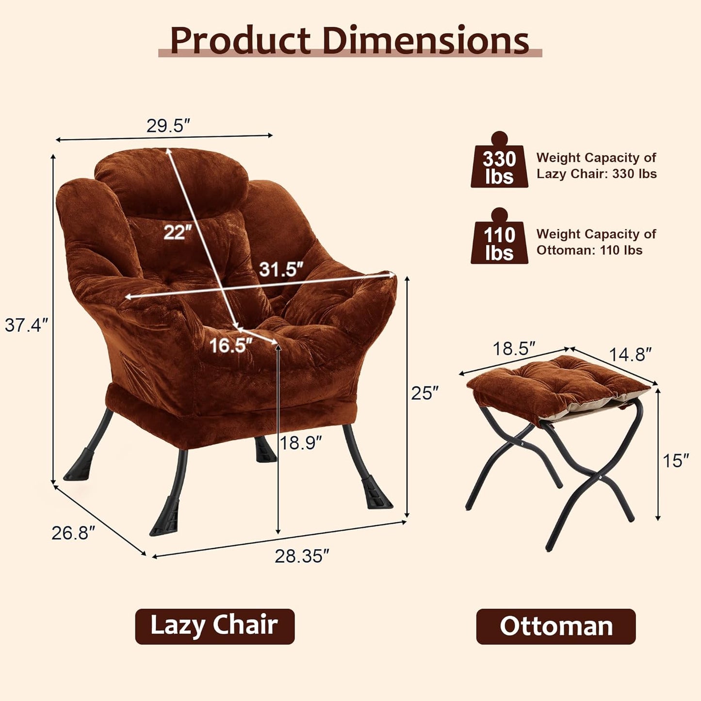 Fabric Lazy Chair with Ottoman, Oversized Upholstered Sofa Chair for Adults, Plush Comfy Lounge Chair with Large Side Storage Pocket, Reading Chair for Living Room, Bedroom, Study Room, Brown