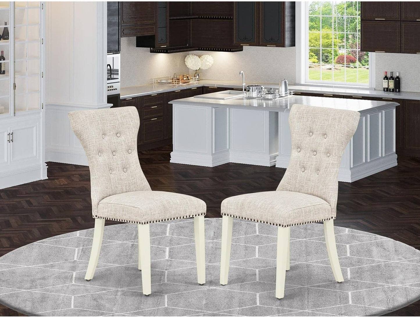 East West Furniture GAP2T35 Gallatin Modern Parson Chairs - Button Tufted Nailhead Trim Doeskin Linen Fabric Padded Dining Chairs, Set of 2, Linen White