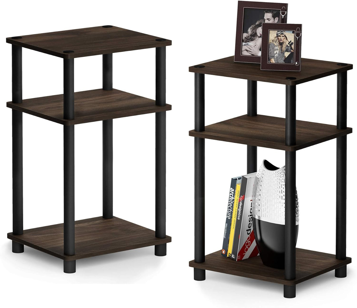 Furinno Just 3-Tier Turn-N-Tube End Table / Side Table / Night Stand / Bedside Table with Plastic Poles, 2-Pack, Columbia Walnut/Black