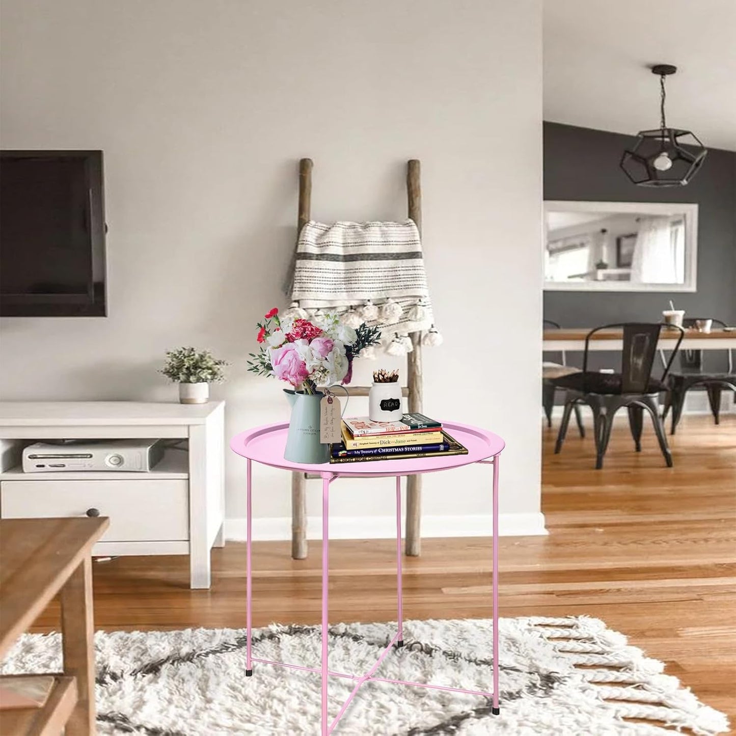 Garden 4 you End Table Set of 2, Outdoor Side Table, Small Patio Table Metal Side Table, Round Folding Side Table, for Outdoor and Living Room,Pink