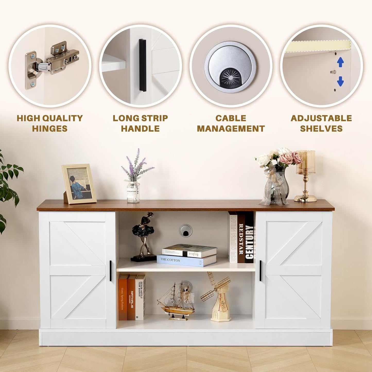 HollyHOME Farmhouse TV Stand for Televisions up to 65”, Wood Entertainment Center with Storage Cabinets and Adjustable Shelves, Media TV Console Table for Living Room and Bedroom, White