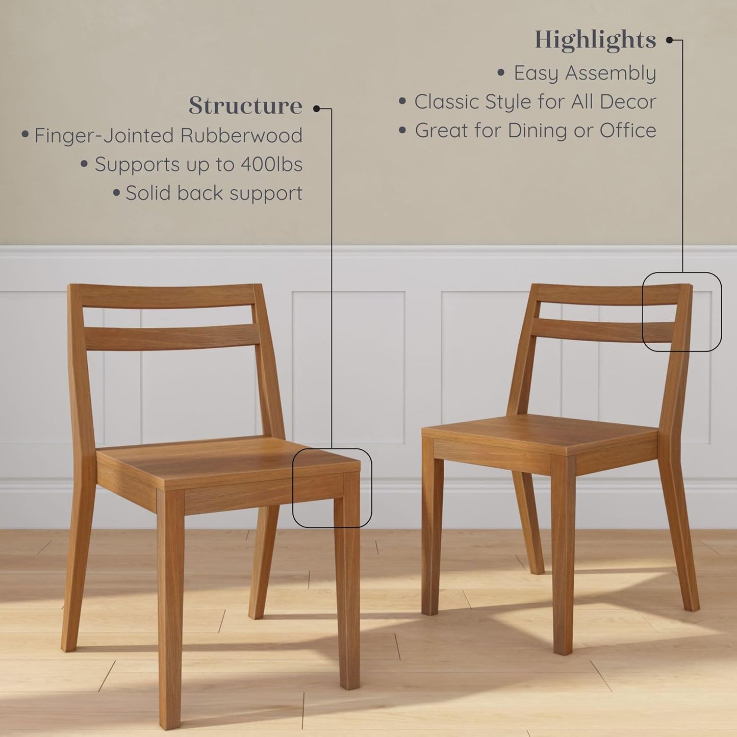 Grain & Grove Davie Dining Room Chairs Set of 2, Solid Wood Modern Kitchen Chair for Living Room, Kitchen, Pecan