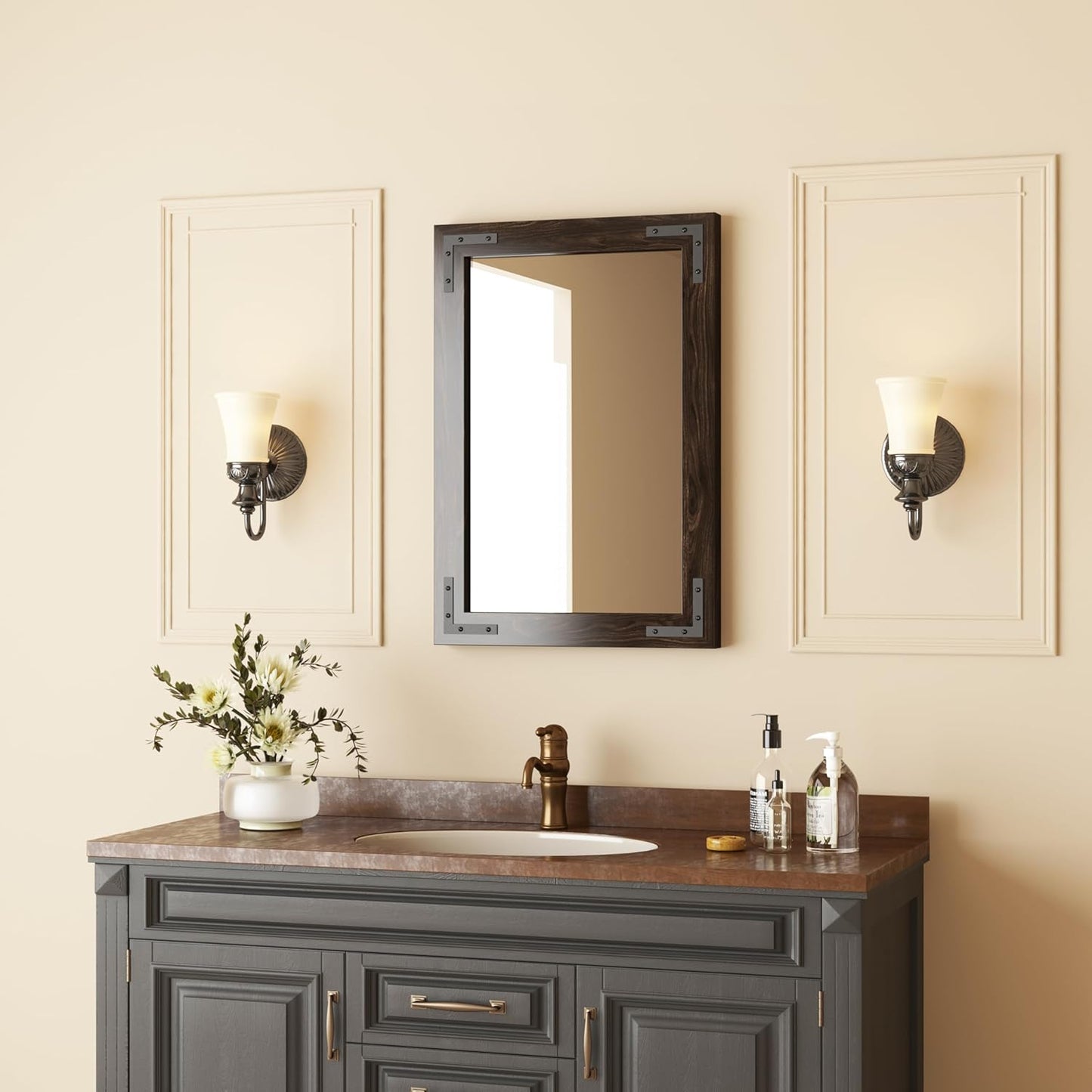 VocalStar Black Wood Framed Mirror 18 x 26 Inch, Rustic Natural Black Wooden Rectangle Bathroom Vanity Wall Mirror for Farmhouse Boho Decor, 1/4-inch Shatterproof Glass | Waterproof