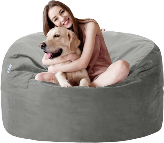 3FT Bean Bag Chair with Ultra Soft Velvet Cover Bean Bag Sofa with Memory Foam Bean Bag Chairs with Large Size Lazy Sofa for Dorm Office Living Room Bedroom Silver Grey 3'