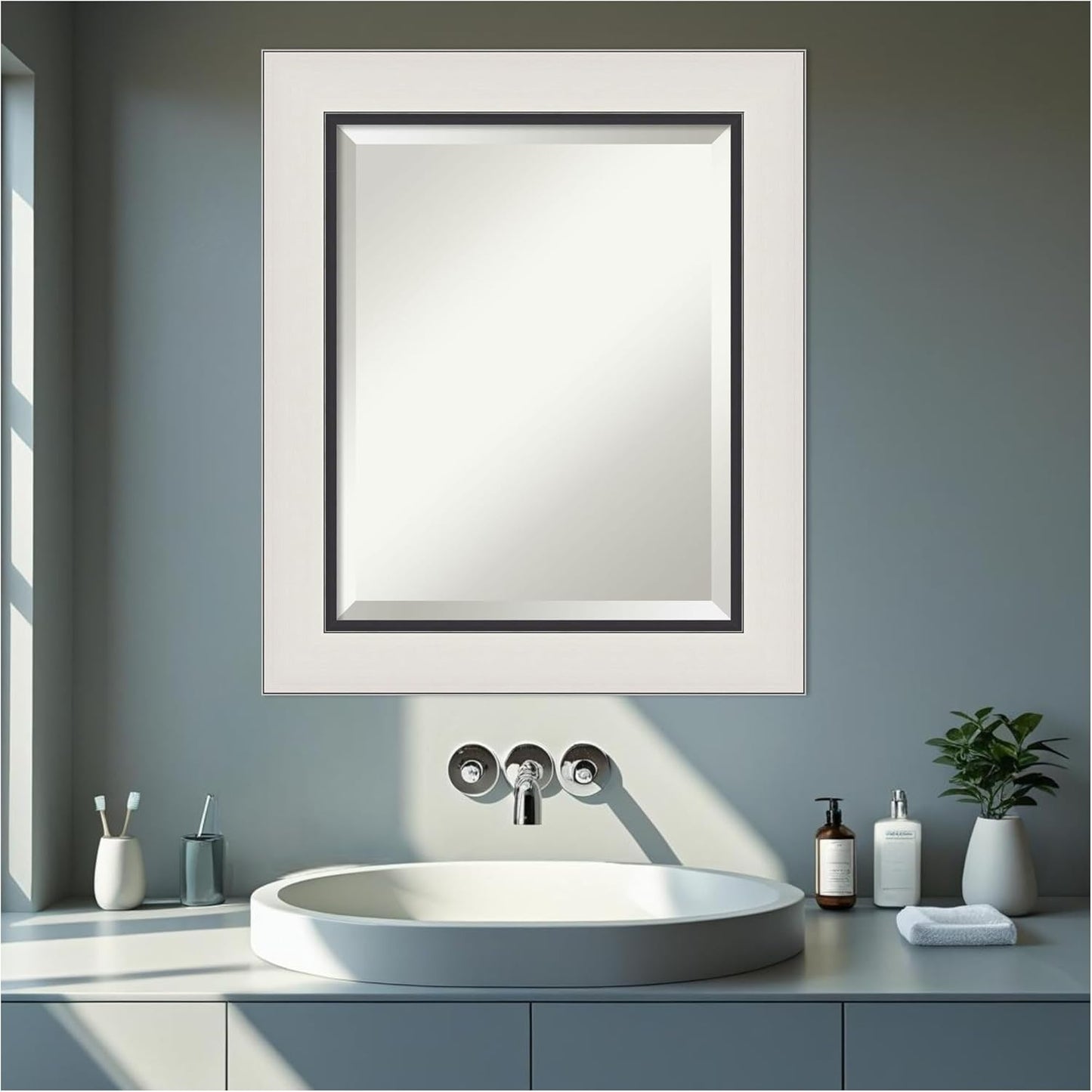 Amanti Art Silver Bathroom Mirror for Over Sink, 26x22 Ellie Silver Black Rectangle Vanity Mirror, Small Modern Contemporary Frame, Hangs Horizonally and Vertically, Bathroom Wall Decor, Beveled Edge