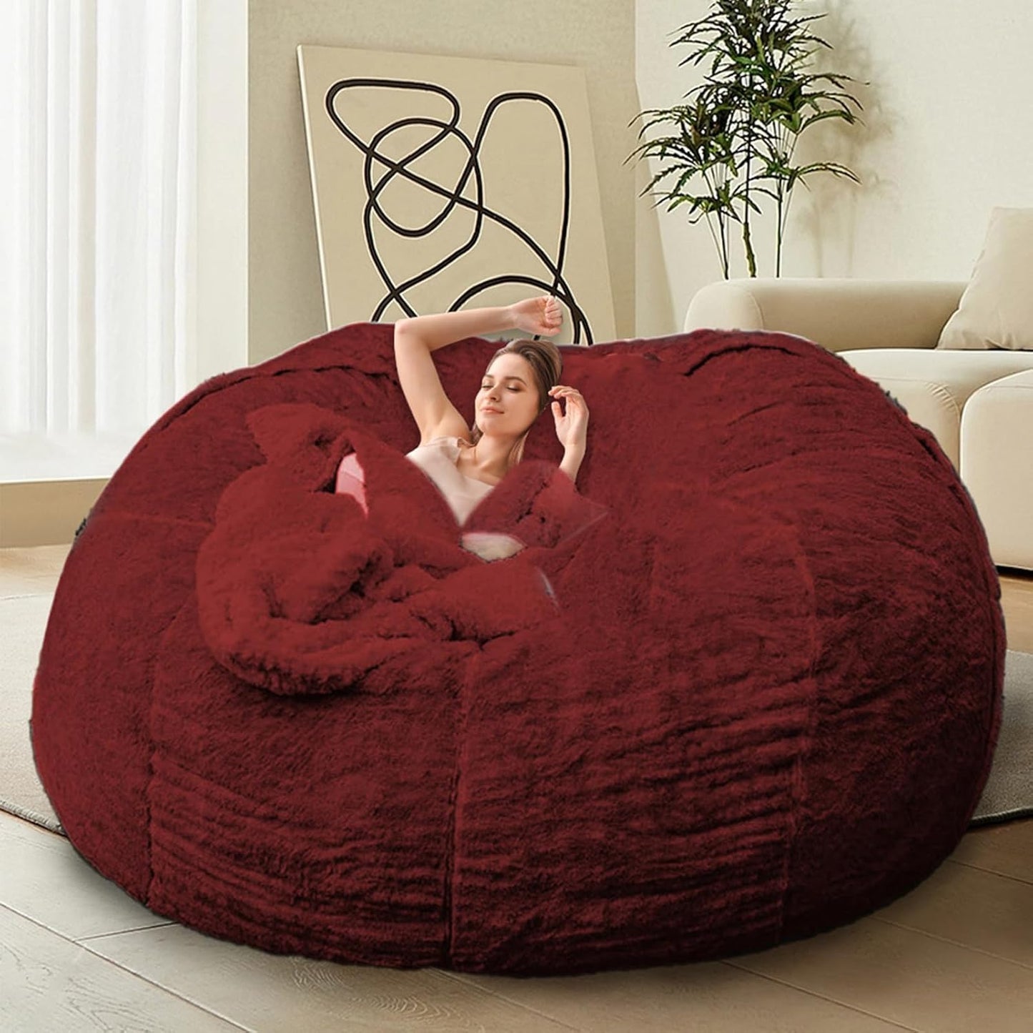 Bean Bag Chair for Adults Kids Without Filling Comfy Oversized Round Lounge Chair Bean Bag for Stuffed Animal Storage Bedroom Living Room Chairs, 5FT, Red Wine