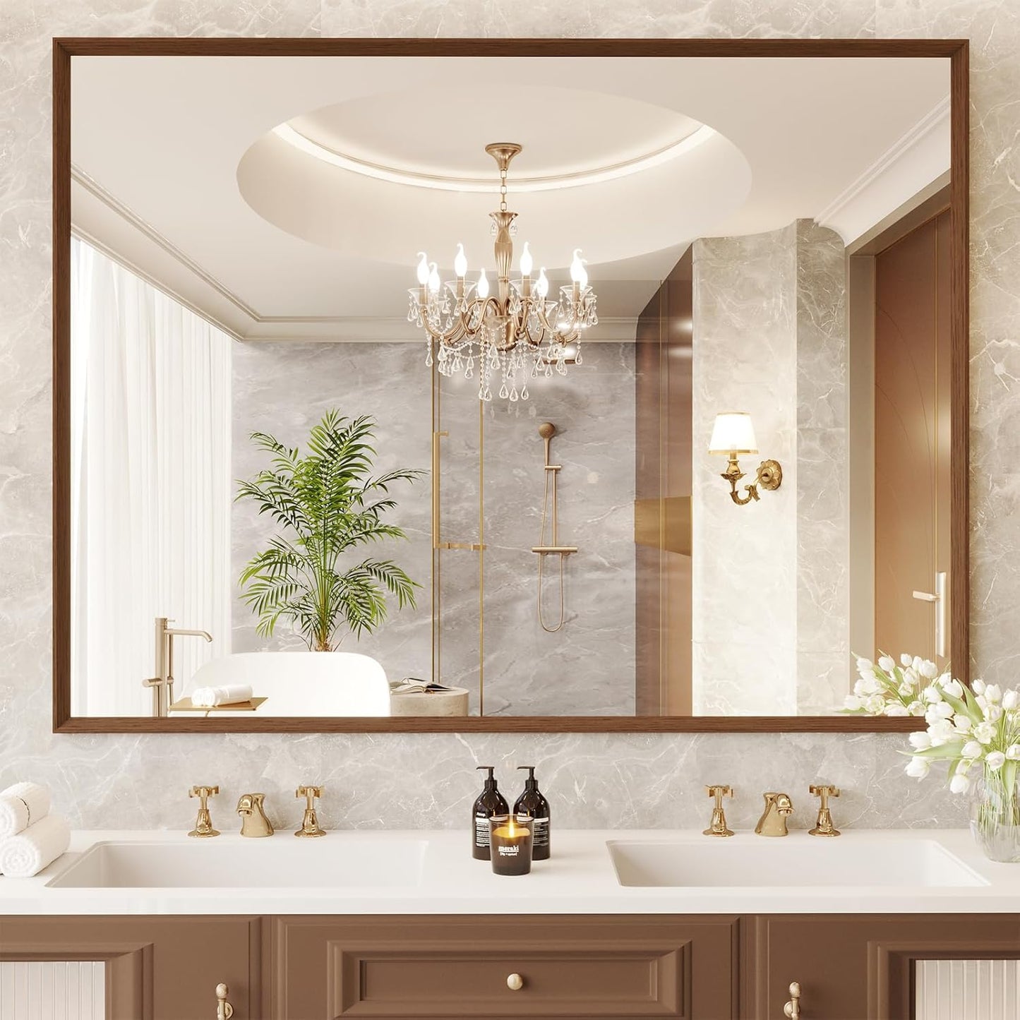 Bathroom Vanity Mirror 48x36 Inch, Walnut Rectangle Bathroom Mirror, Anti-Rust, 4MM Tempered Glass, Wall-Mounted Mirror, Hangs Horizontally or Vertically for Bathroom & Bedroom