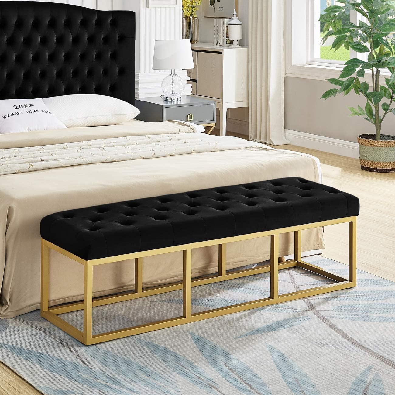 24KF Upholstered Tufted Long Bench with Golden Metal Leg, Black Velvet Bench with Padded Seat-Black