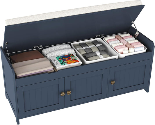HOMEFORT 41.3" Shoe Bench with Lift Top Storage, Entryway Bench with Cushioned Seat, Wooden End of Bed Bench, Shoe Cabinet Bench with Hidden Storage Space, for Bedroom, Hallway,Blue
