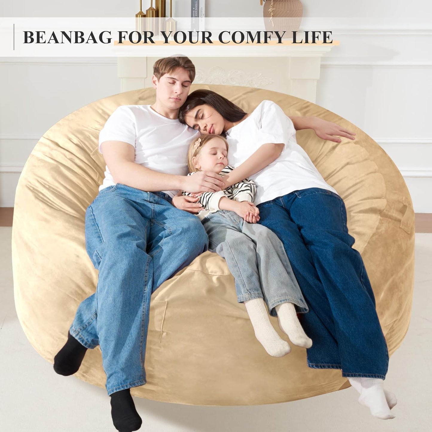Homguava 6FT Bean Bag Chair Giant BeanBag with Memory Foam Filled, Large Bean Bag Chairs for Adults, Adult Bean Bag Chair with Dutch Velvet Cover for Living Room Bedroom-Khaki