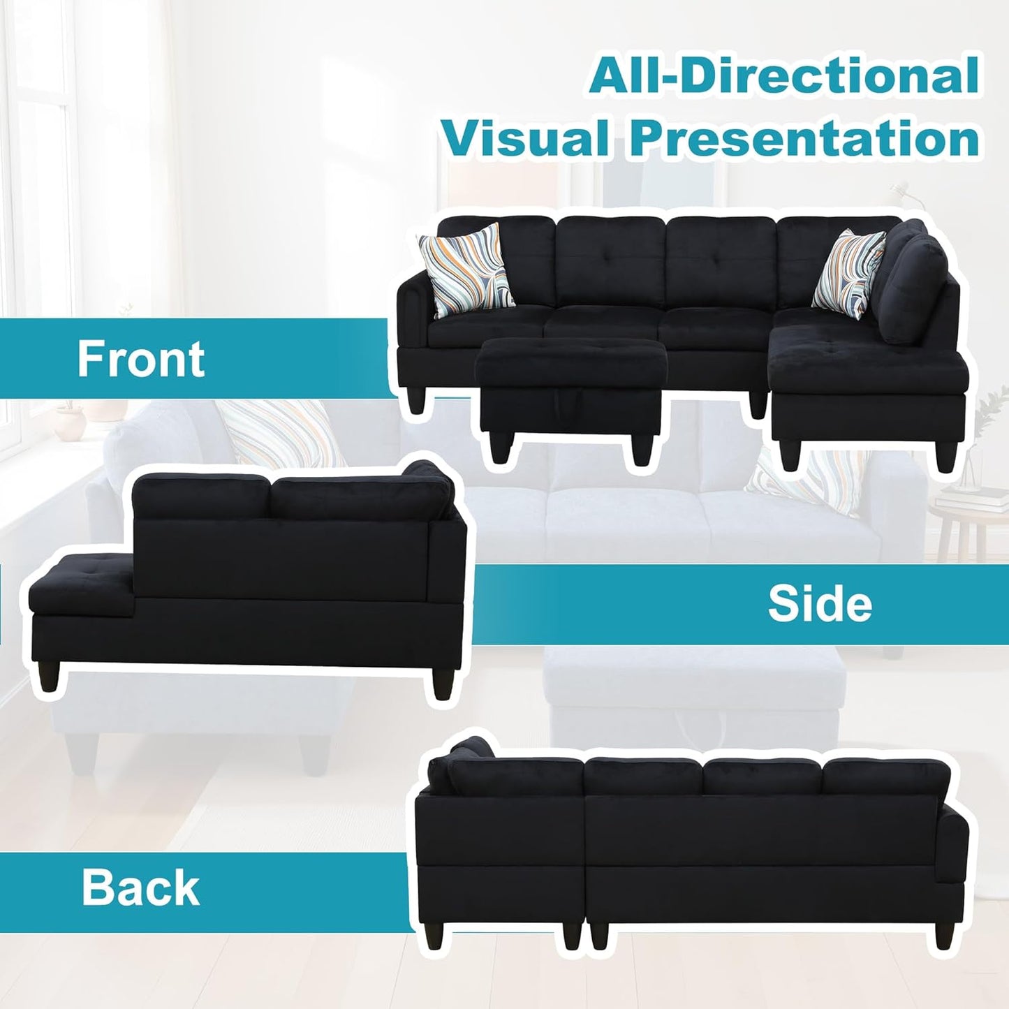 Couches for Living Room Modern L Shaped Couch Comfy Flannel Fabric 3 Pieces Sectional Sofa with Chaise, Ottoman with Storage for Office and Small Apartment, Black