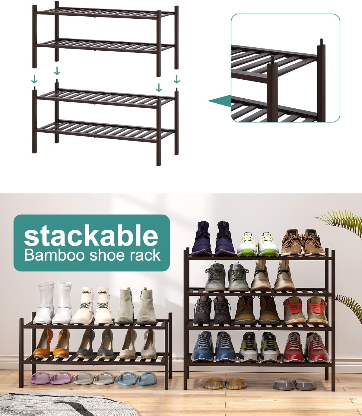 2-Tier Shoe Rack for Entryway, Bamboo Shoe Rack for Closet, Free Standing Shoe Racks for Indoor Outdoor, Stackable Shoe Shelf Storage Organizer for Hallway Closet