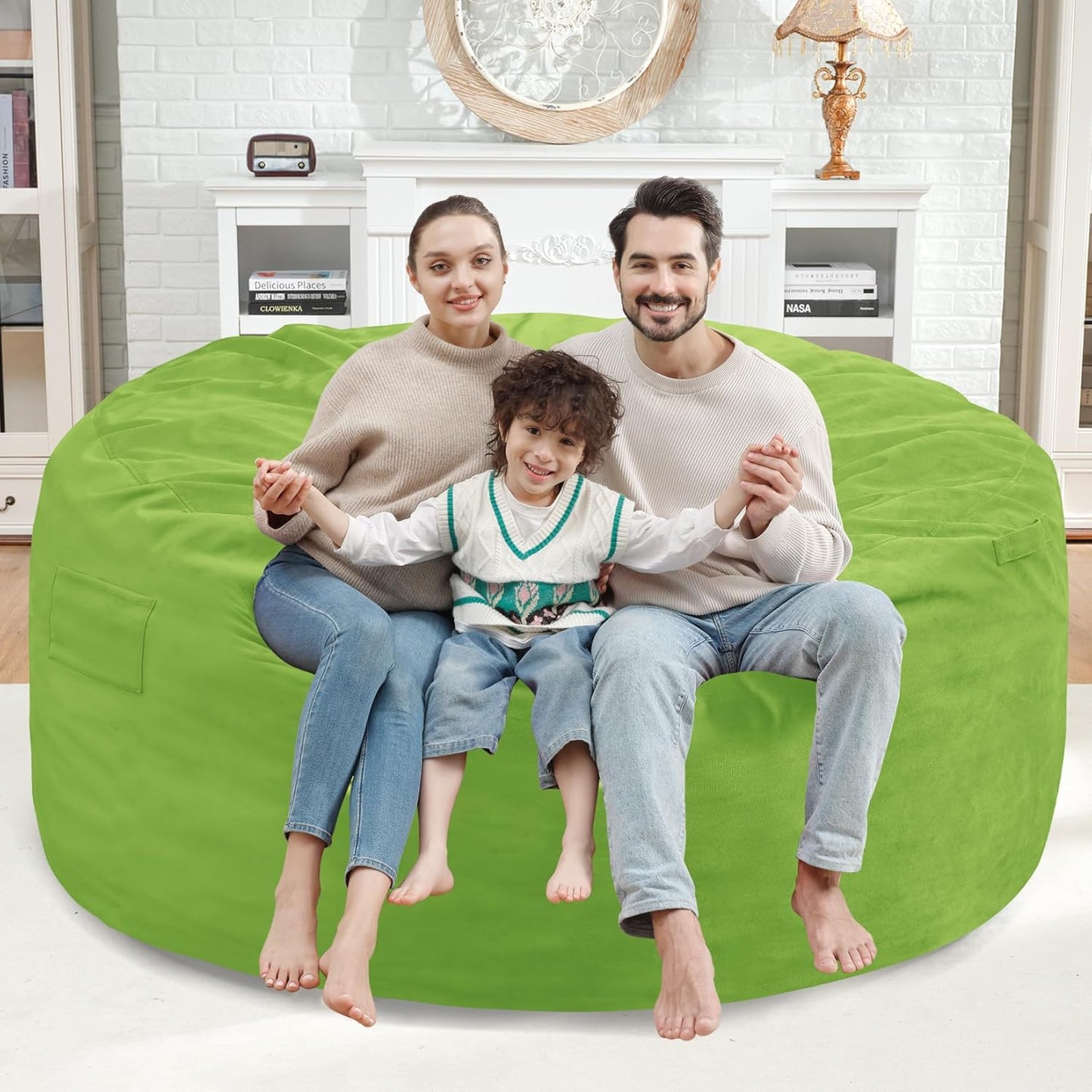 5FT Bean Bag Chair, Large Bean Bag Chairs with Memory Foam Filled, Fluffy Beanbag Sofa with Dutch Velvet Cover, Round BeanBag Chairs for Living Room, Playroom - Lime